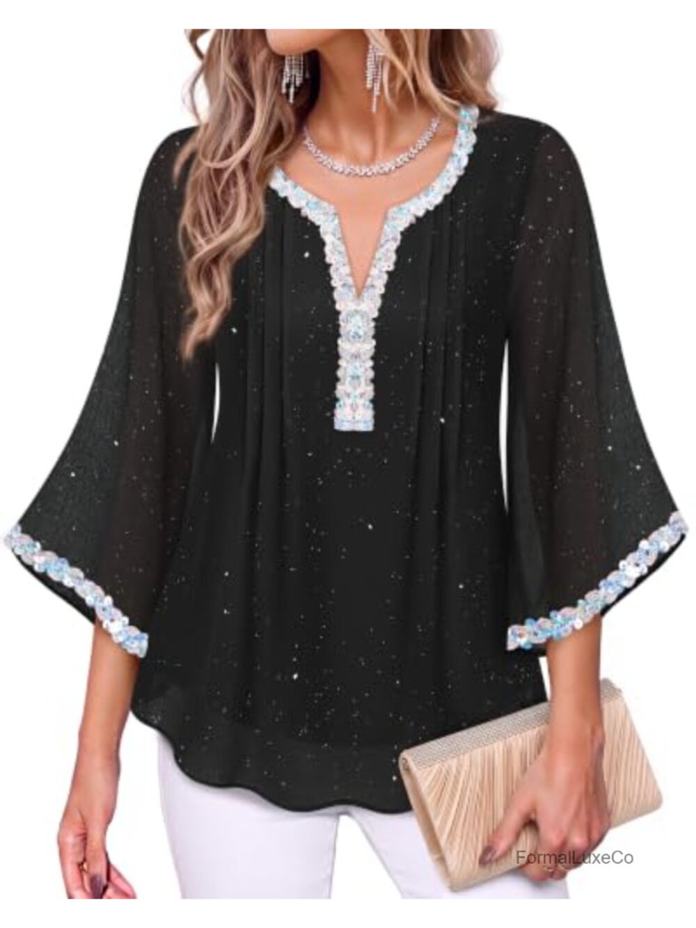 Womens 3/4 Sleeve Embroidered V Neck Double Layers Chiffon Blouse Tunic